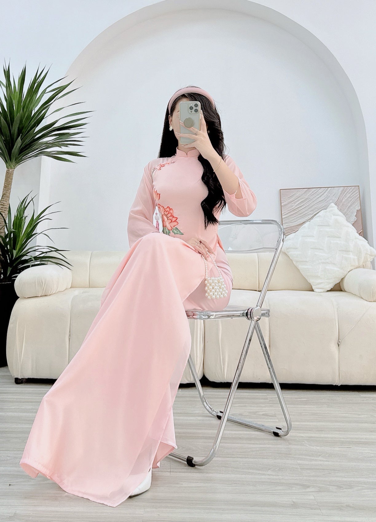 Peach Embroidery flowers silk double layers ao dai P02