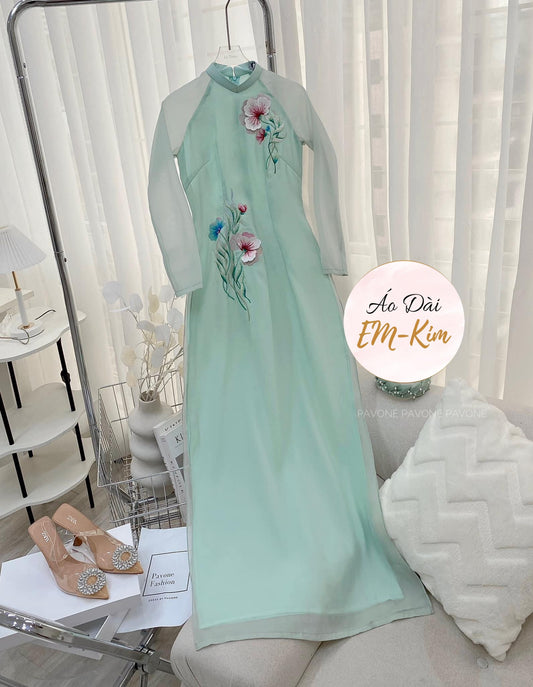 Mint embroidery flowers  modern Ao Dai M37