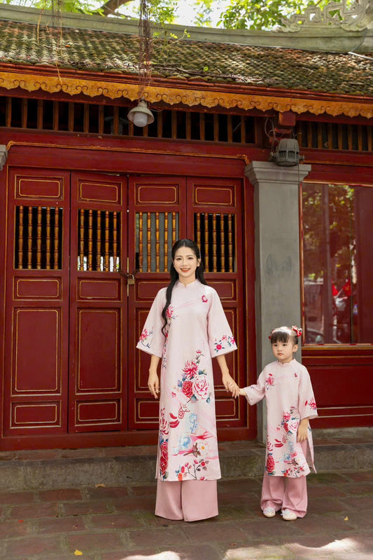 Pink Mommy and me matching ao dai set for women and girl| Ao Dai Me va Be modern silk organza| | Lunar New Year| MB52