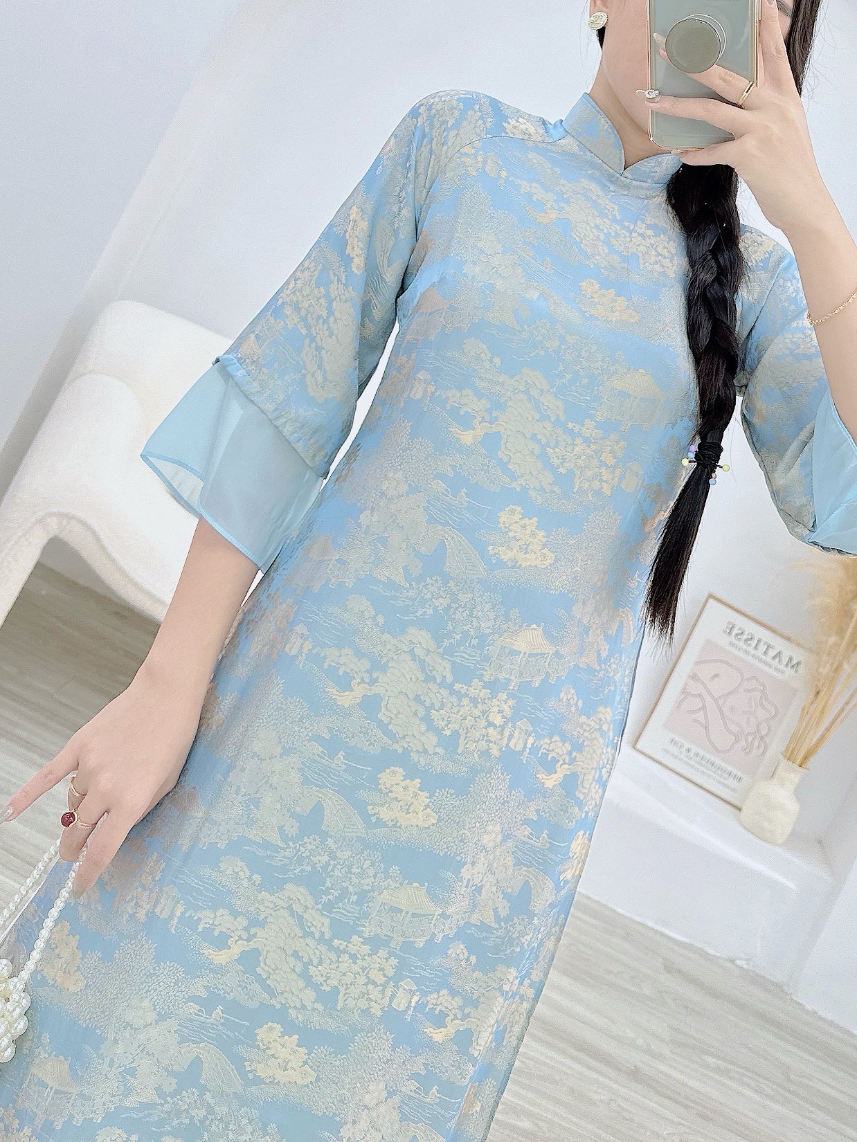 Pink/Blue Ao Dai  Modern design print silk P01