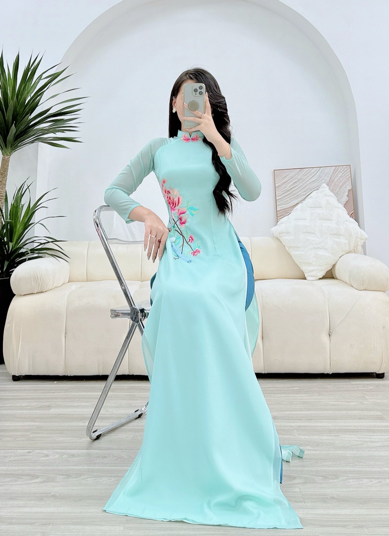 Blue Embroidery flowers silk double layers ao dai P03