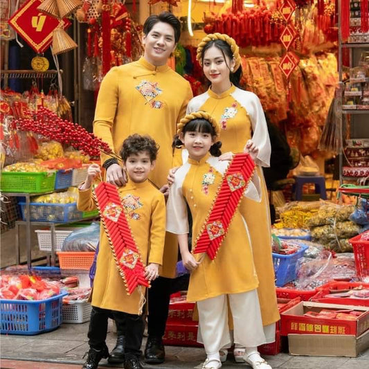 Family Yellow Embroidery modern matching Ao Dai, Pre-made Modernized Vietnamese Ao Dai, Ao Dai Lunar New Year/Matching Ao Dai Tet|GD02