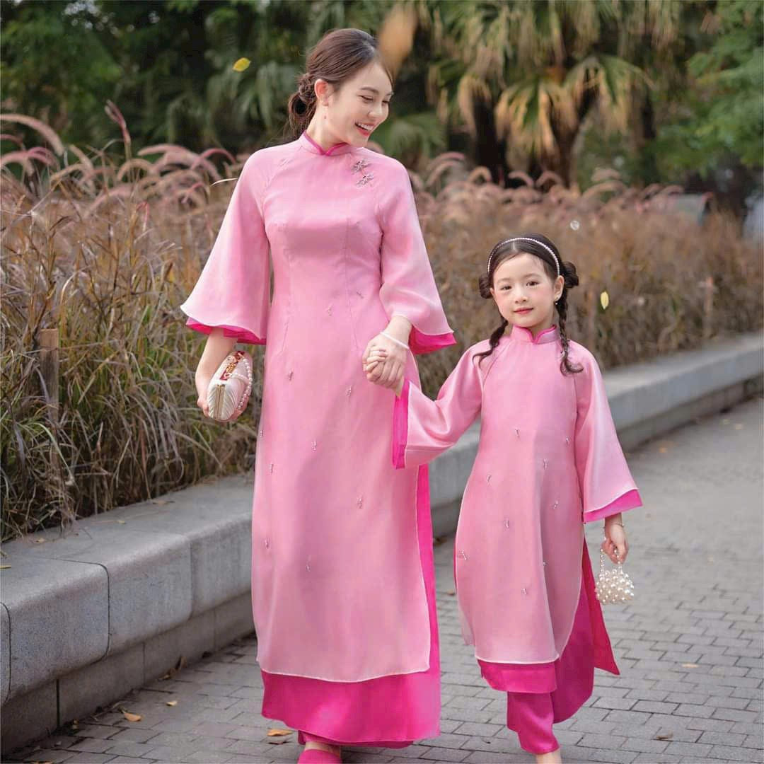 Pink Mommy and me matching ao dai set for women and girl| Ao Dai Me va Be modern silk organza| | Lunar New Year| MB54