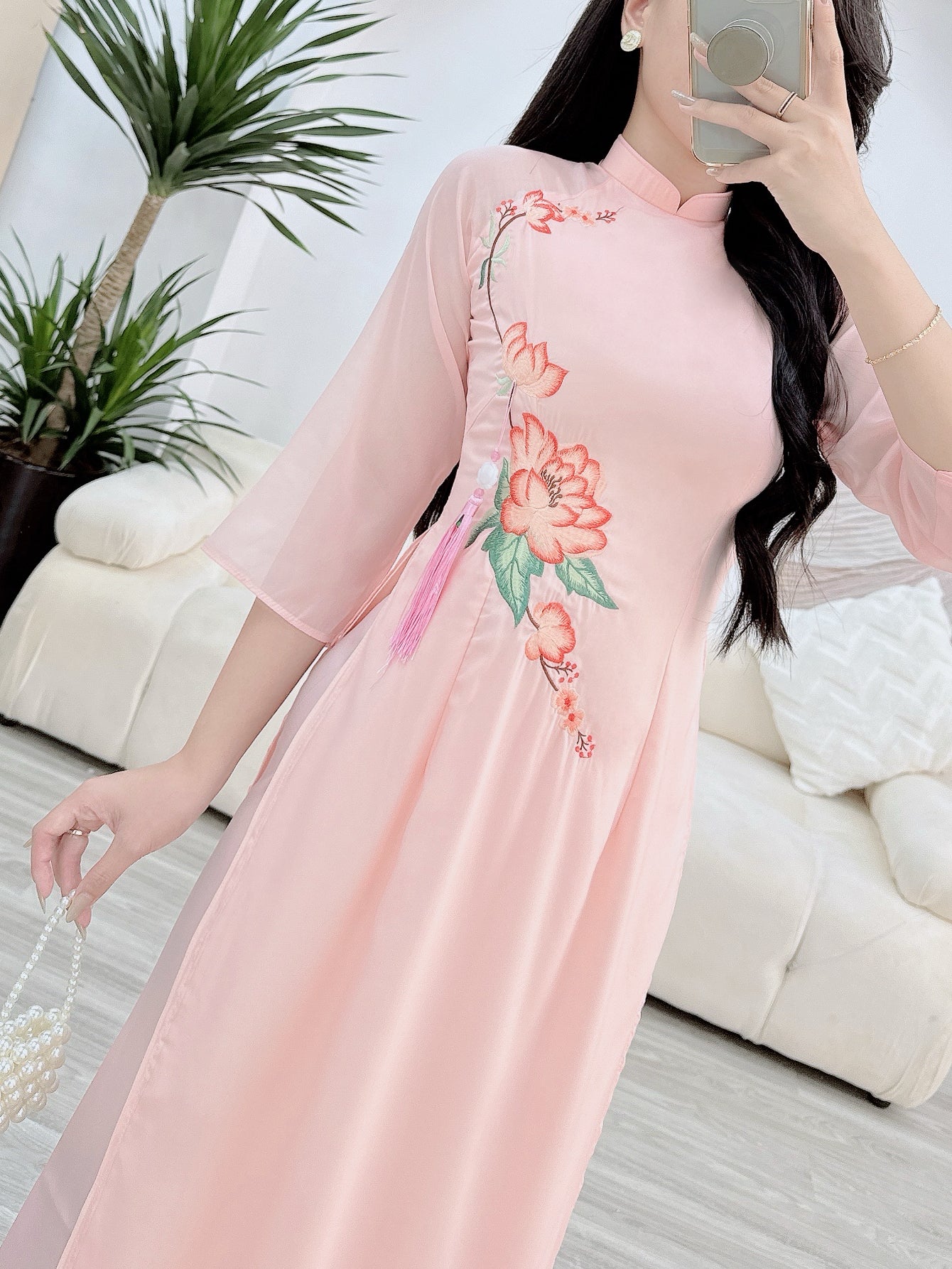 Peach Embroidery flowers silk double layers ao dai P02