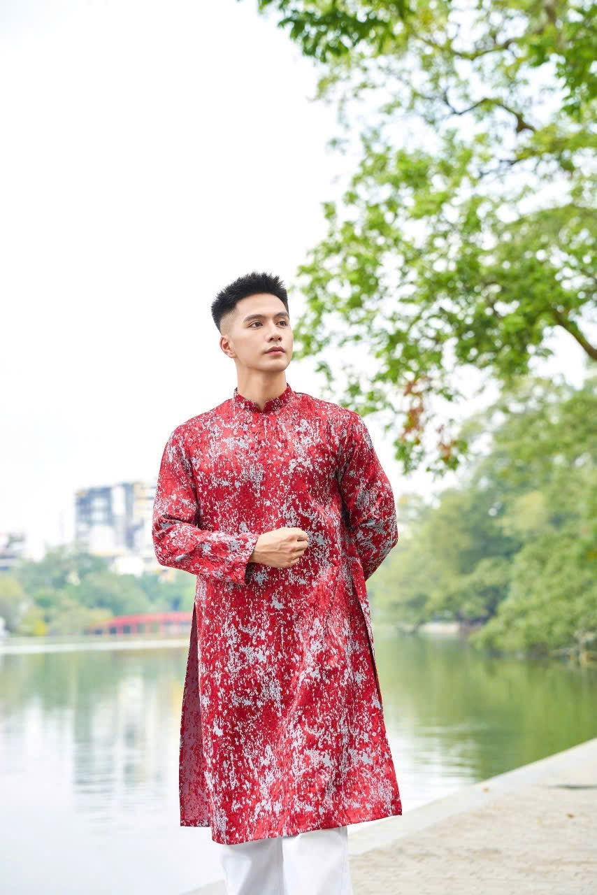 Red Ao Dai Men|printed  ao dai for men tapta(No pants included) Lunar New Year | Vietnamese traditional   ADN24