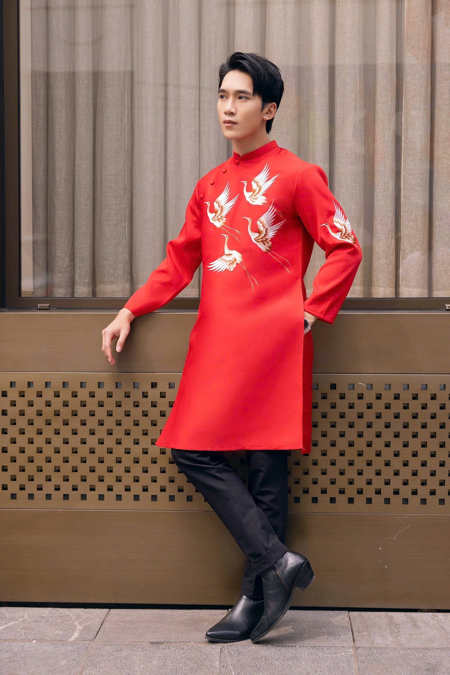 Red Embroidred Bird Ao Dai Men|  Embroidery Ao Dai for mens(No pants included) |Lunar New Year | Vietnamese traditional ADN35