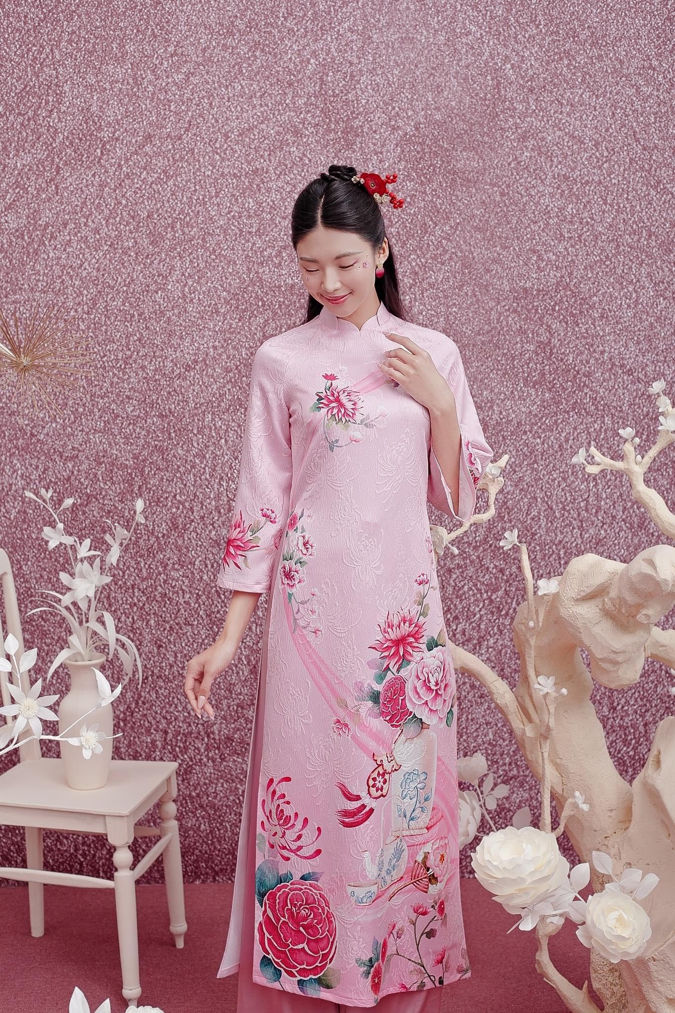 Ha Cuc Hong rua Primy flowers Ao Dai| Pre-made Vietnamese Dress for Lunar New Year Ao Dai Viet Nam|Ao Dai Cach Tan with Pants Q26