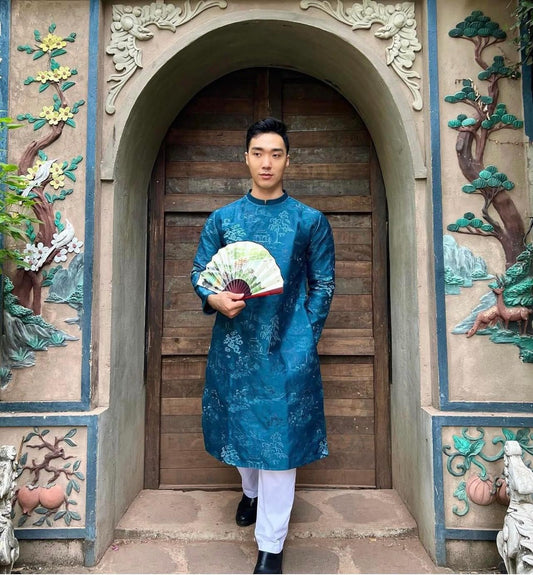 Blue Ao Dai Men| Blue embroidery ao dai for men tapta(No pants included) Lunar New Year | Vietnamese traditional   ADN21