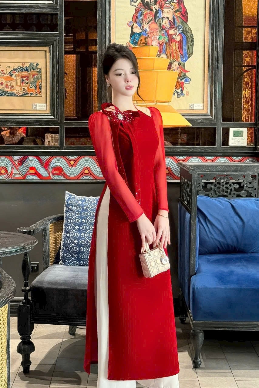 Red velvet Modern Ao Dai| with Pants S13 XL