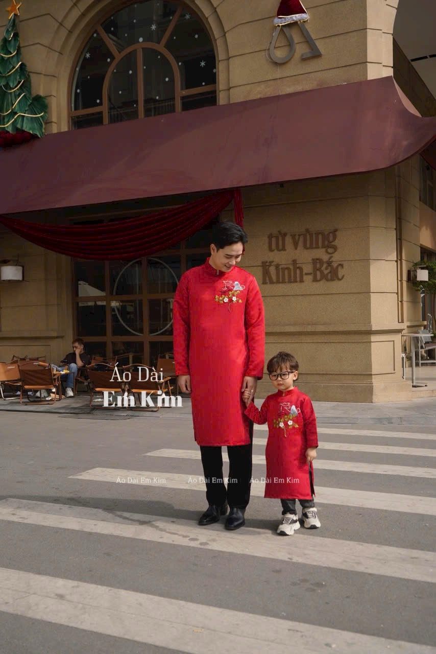 AO Dai dad and boy red Ribbon  NO PANTS| Ao Dai Kids| Pre-made Traditional Vietnamese Ao Dai | Lunar New Year | Ao Dai for Boy |U1