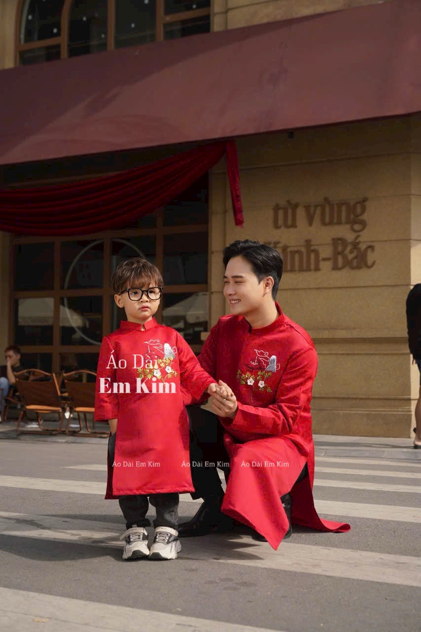 AO Dai dad and boy red Ribbon  NO PANTS| Ao Dai Kids| Pre-made Traditional Vietnamese Ao Dai | Lunar New Year | Ao Dai for Boy |U1