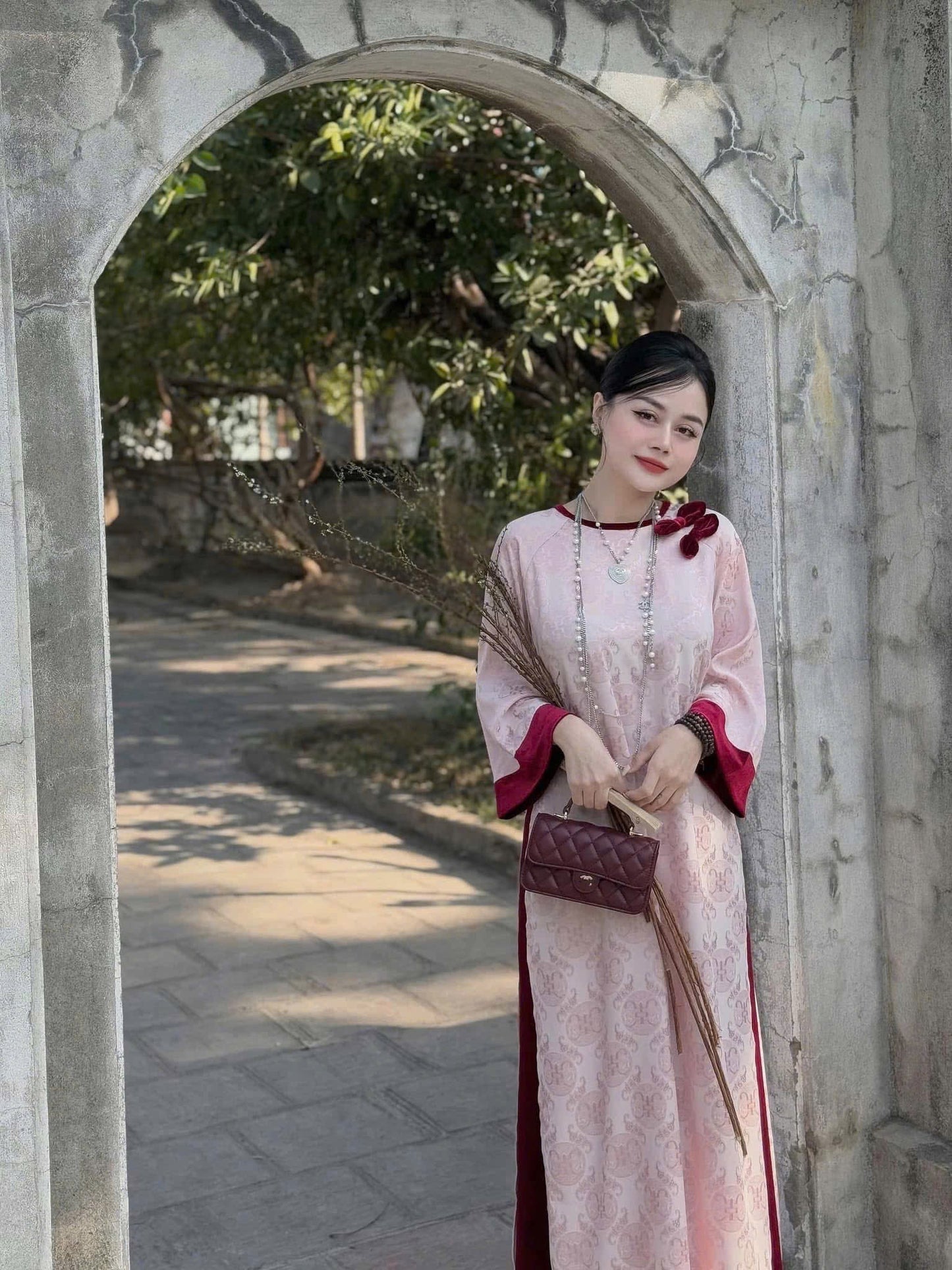 Pink and Red Gam Tho with Bow Ao Dai Set V20