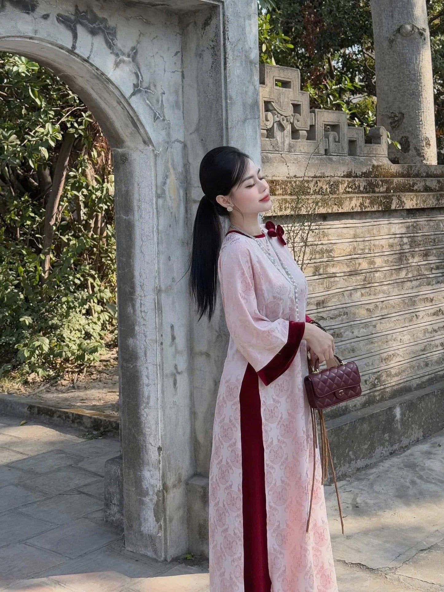 Pink and Red Gam Tho with Bow Ao Dai Set V20
