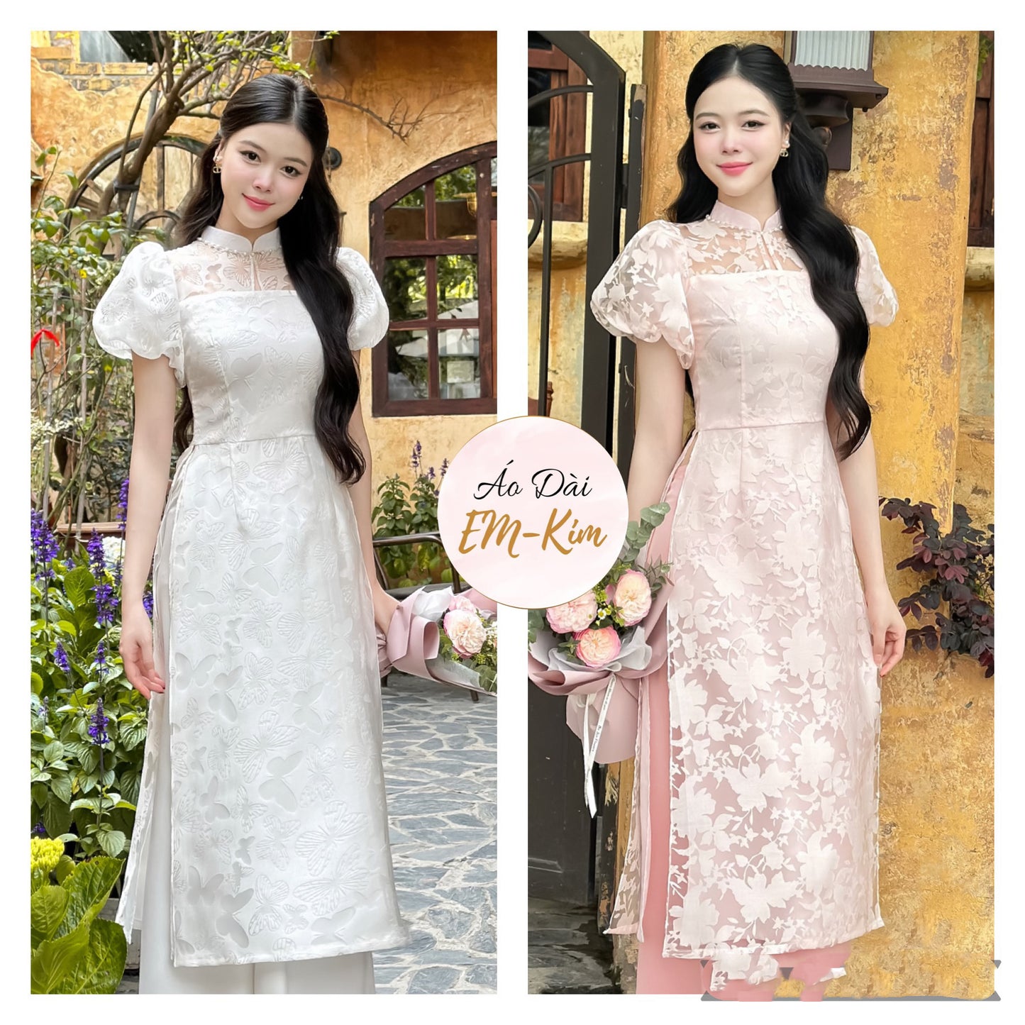 Puff sleeves Ao Dai lace flowers ( 2 colors) with pants |Pre-made modern Ao Dai cach Tan for women|Lunar New Year| ao Dai dress N30