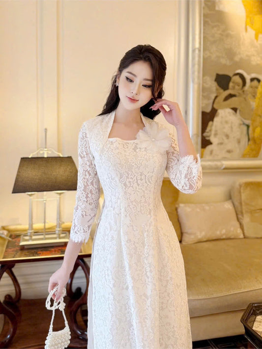 White Lace Design Ao Dai  A42