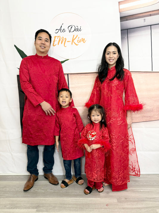 Red Fur Family Matching Ao Dai, Pre-made Modernized Vietnamese Ao Dai, Ao Dai Lunar New Year/Matching Ao Dai Tet|GD56