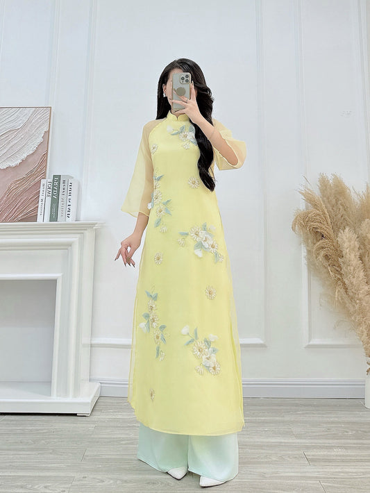 Yellow moc tra   flowers Ao Dai| Pre-made Vietnamese Dress for Lunar New Year Ao Dai Viet Nam|Ao Dai Cach Tan with Pants Q28)