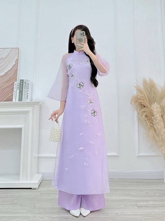 Tim moc tra   flowers Ao Dai| Pre-made Vietnamese Dress for Lunar New Year Ao Dai Viet Nam|Ao Dai Cach Tan with Pants Q29