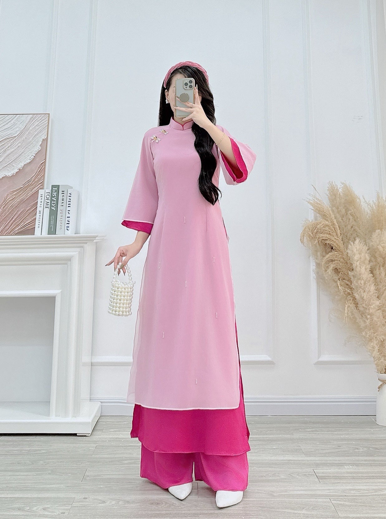 hong 2 layers  flowers Ao Dai| Pre-made Vietnamese Dress for Lunar New Year Ao Dai Viet Nam|Ao Dai Cach Tan with Pants Q31