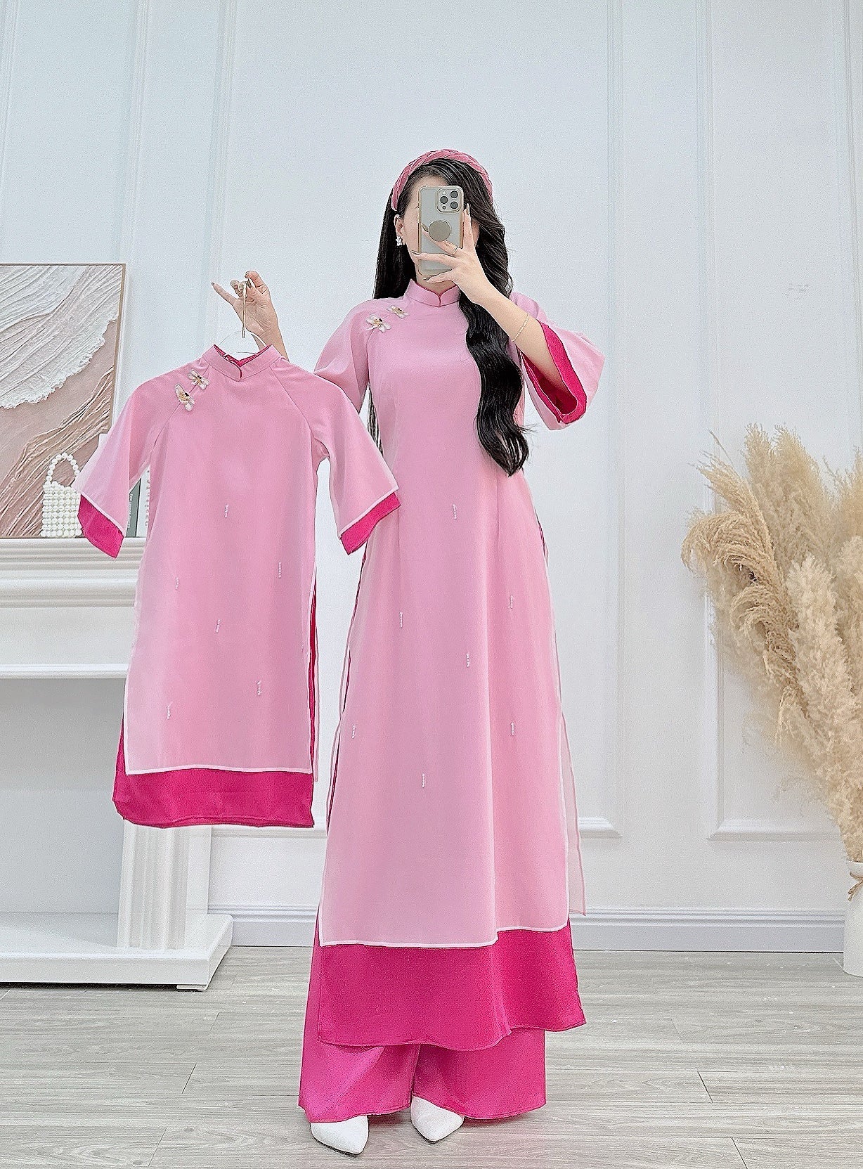 hong 2 layers  flowers Ao Dai| Pre-made Vietnamese Dress for Lunar New Year Ao Dai Viet Nam|Ao Dai Cach Tan with Pants Q31