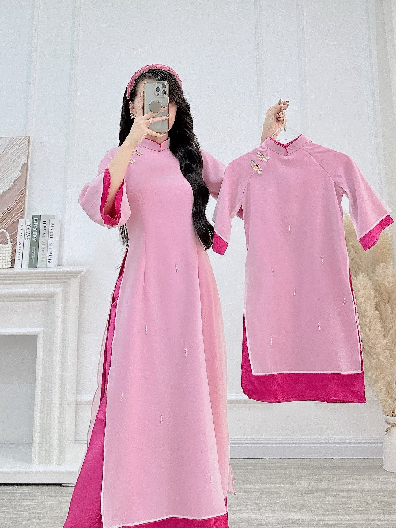 hong 2 layers  flowers Ao Dai| Pre-made Vietnamese Dress for Lunar New Year Ao Dai Viet Nam|Ao Dai Cach Tan with Pants Q31