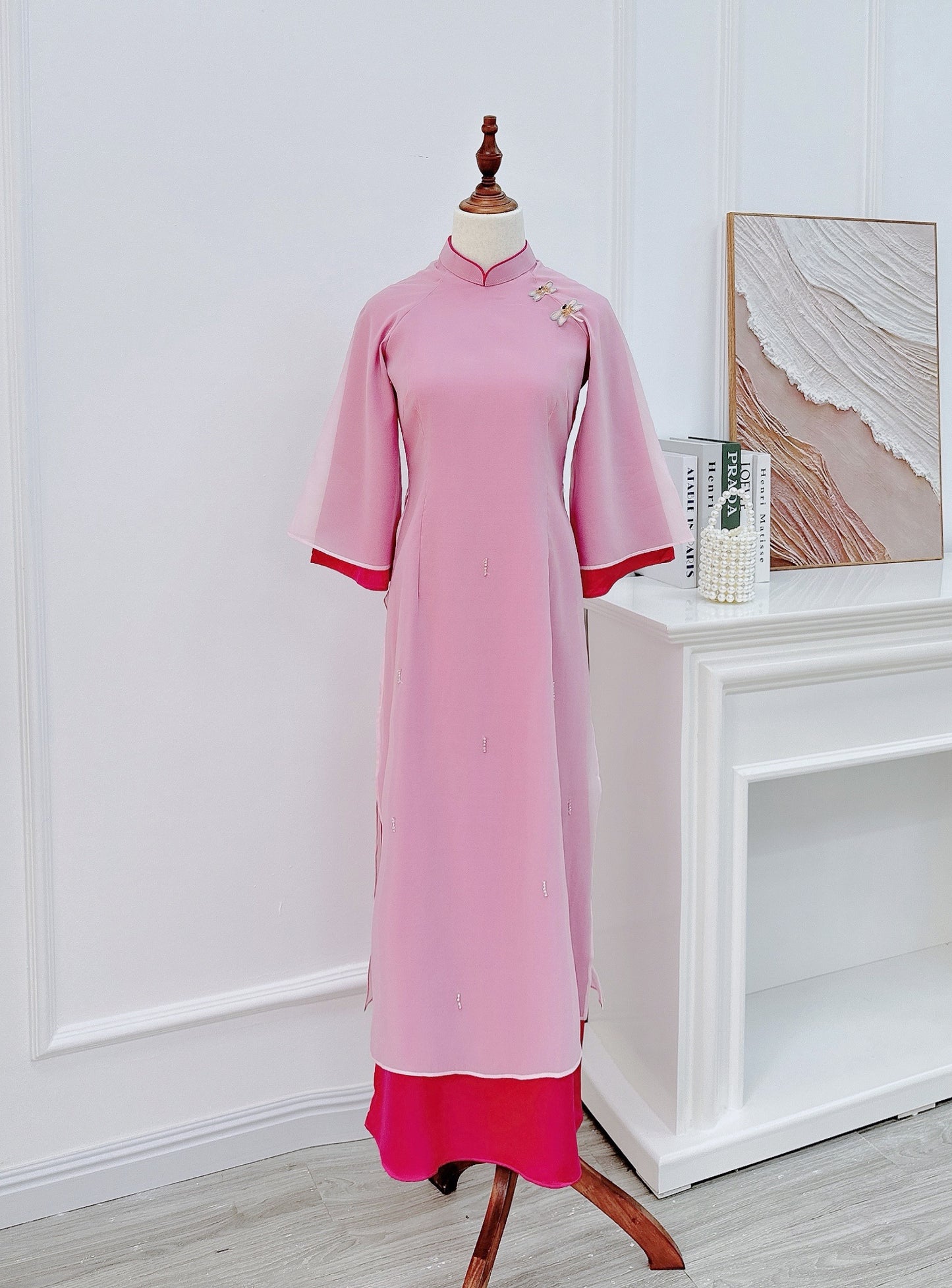 hong 2 layers  flowers Ao Dai| Pre-made Vietnamese Dress for Lunar New Year Ao Dai Viet Nam|Ao Dai Cach Tan with Pants Q31