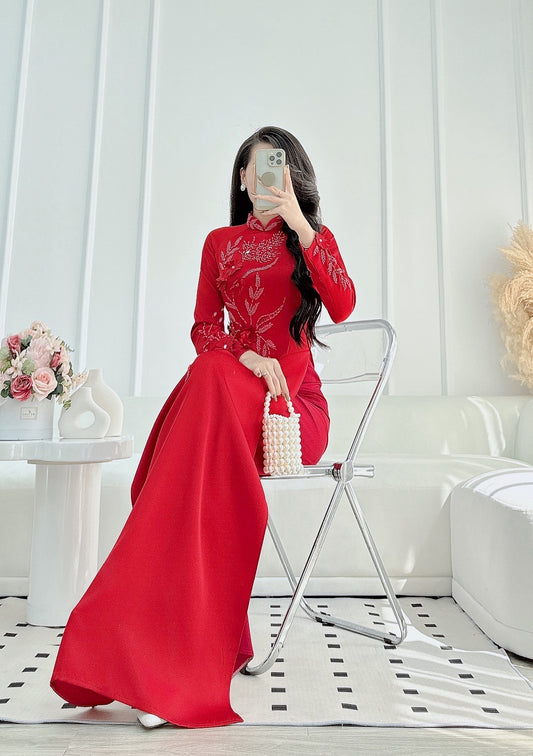 Red Ao Dai| Pre-made Vietnamese Dress for Lunar New Year Ao Dai Viet Nam|Ao Dai Cach Tan with Pants Q03