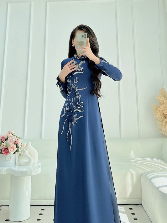 Blue dark Ao Dai| Pre-made Vietnamese Dress for Lunar New Year Ao Dai Viet Nam|Ao Dai Cach Tan with Pants Q01