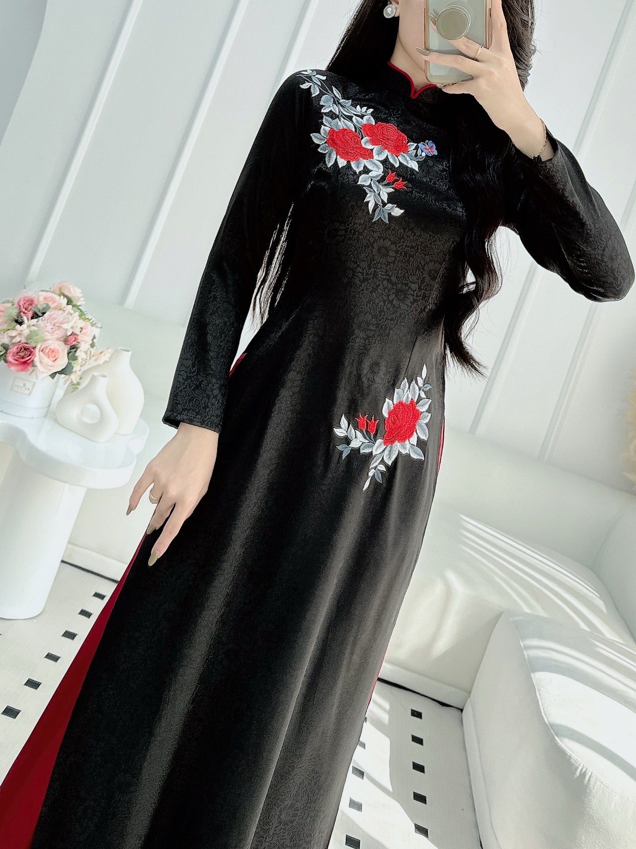 Black shirt red pants| Pre-made Vietnamese Dress for Lunar New Year Ao Dai Viet Nam|Ao Dai Cach Tan with Pants Q05