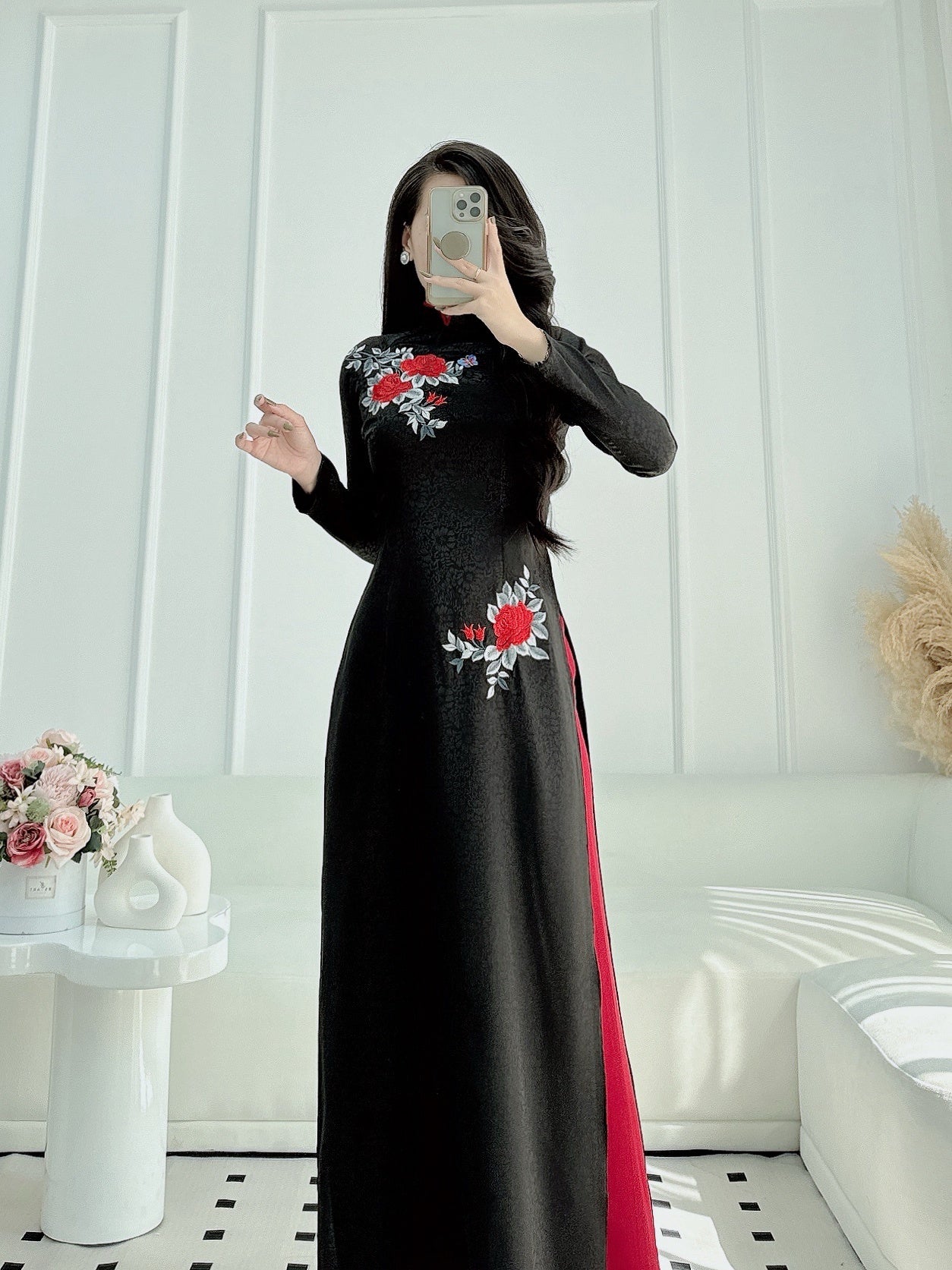 Black shirt red pants| Pre-made Vietnamese Dress for Lunar New Year Ao Dai Viet Nam|Ao Dai Cach Tan with Pants Q05