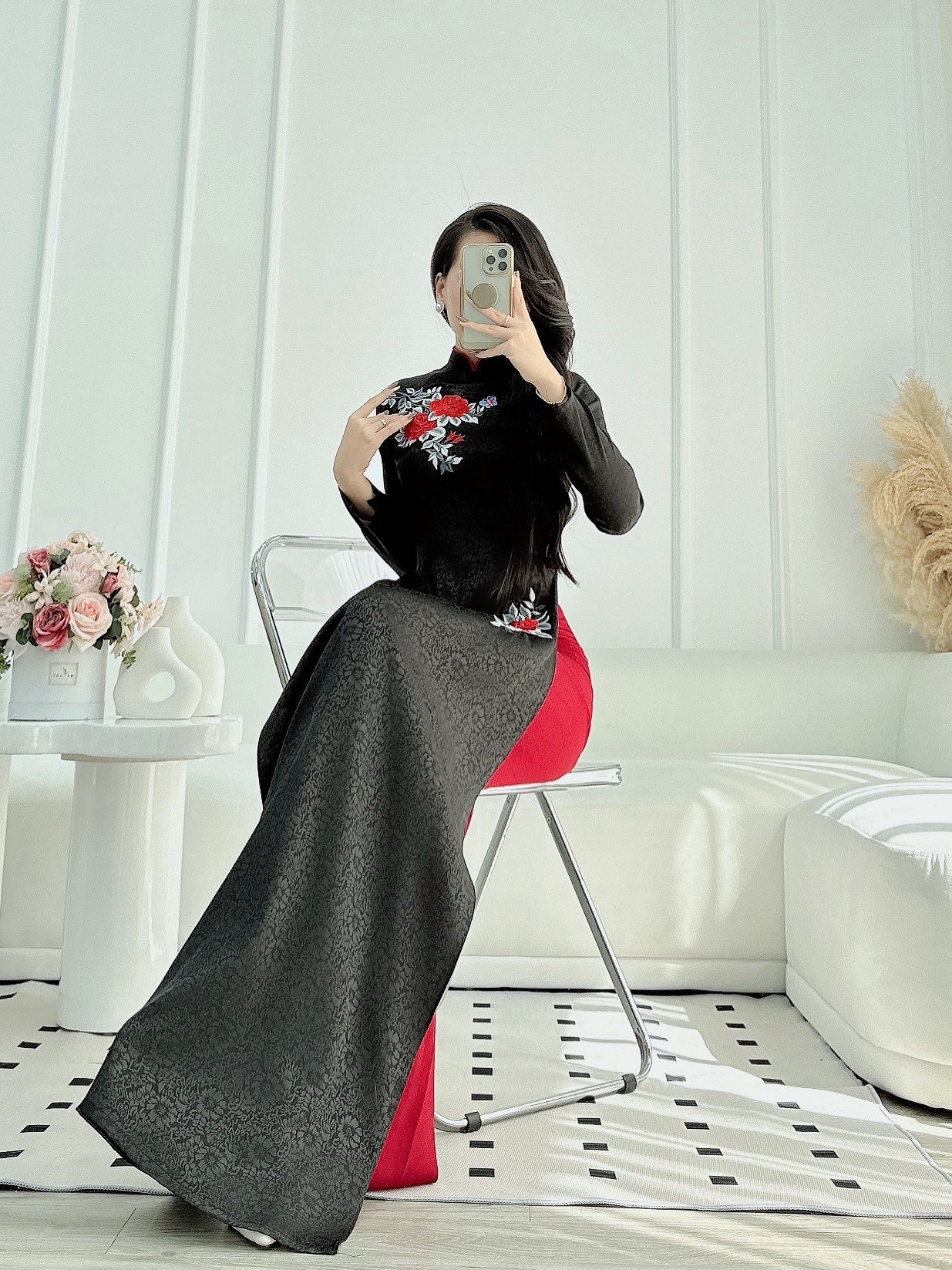 vietnamese lunar new year dress Red silk design Vietnamese Ao dai| Pre-made Vietnamese Dress for Lunar New Year Ao Dai Viet Nam|Ao Dai Cach Tan with Pants Q09
