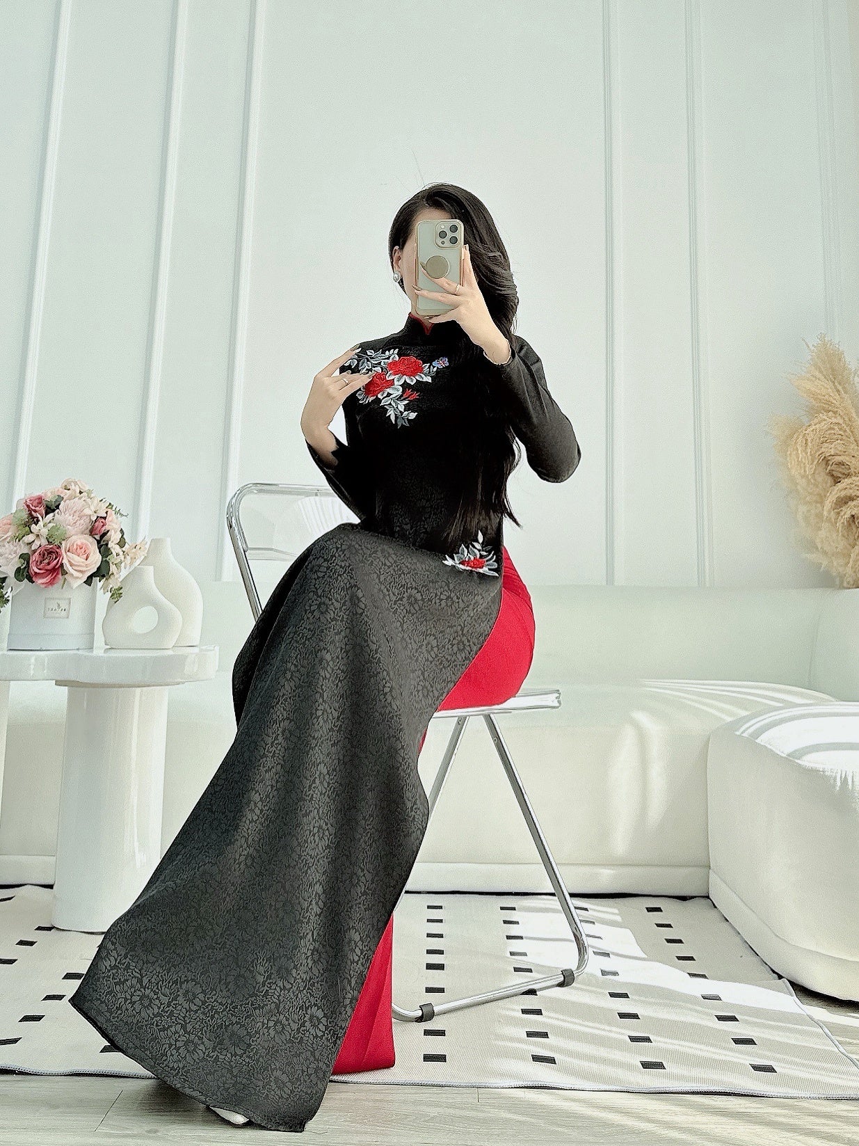 Black shirt red pants| Pre-made Vietnamese Dress for Lunar New Year Ao Dai Viet Nam|Ao Dai Cach Tan with Pants Q05