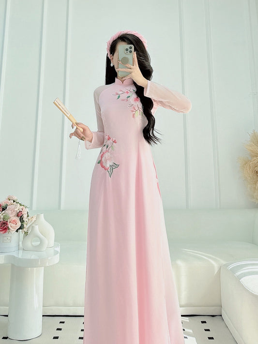 Light pink Ao Dai| Pre-made Vietnamese Dress for Lunar New Year Ao Dai Viet Nam|Ao Dai Cach Tan with Pants Q02