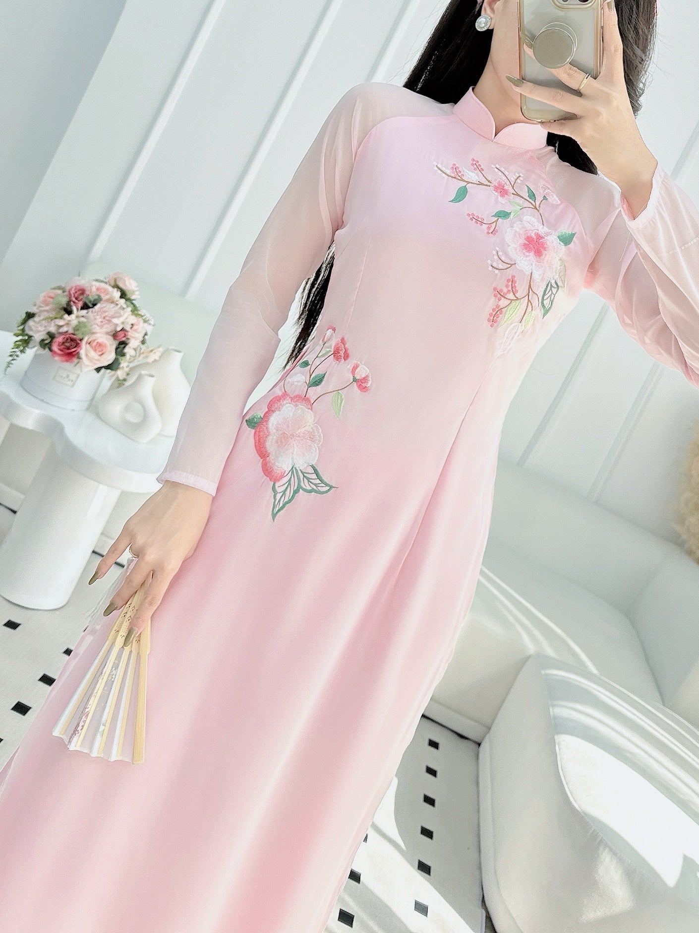 Light pink Ao Dai| Pre-made Vietnamese Dress for Lunar New Year Ao Dai Viet Nam|Ao Dai Cach Tan with Pants Q02