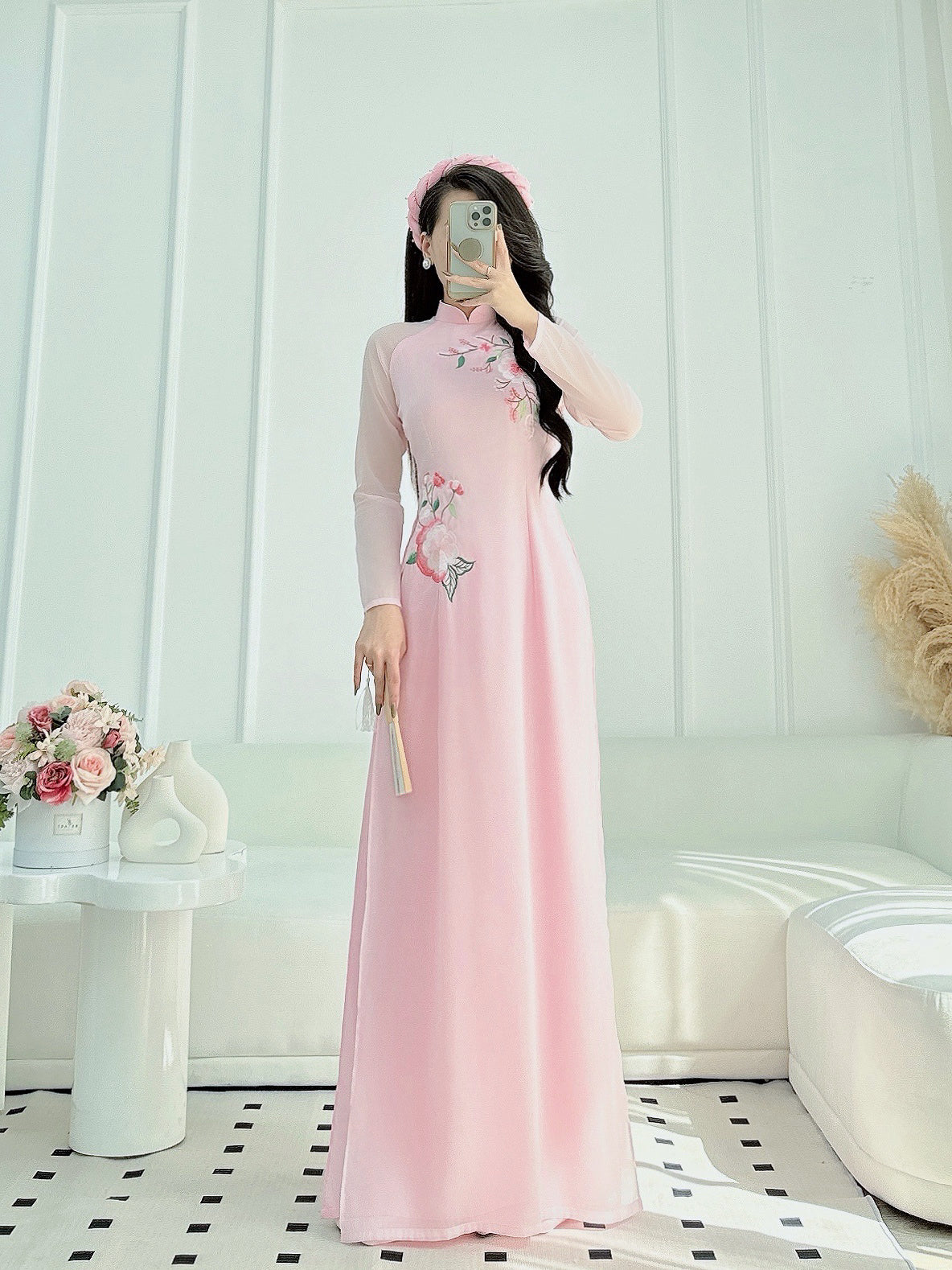 Light pink Ao Dai| Pre-made Vietnamese Dress for Lunar New Year Ao Dai Viet Nam|Ao Dai Cach Tan with Pants Q02