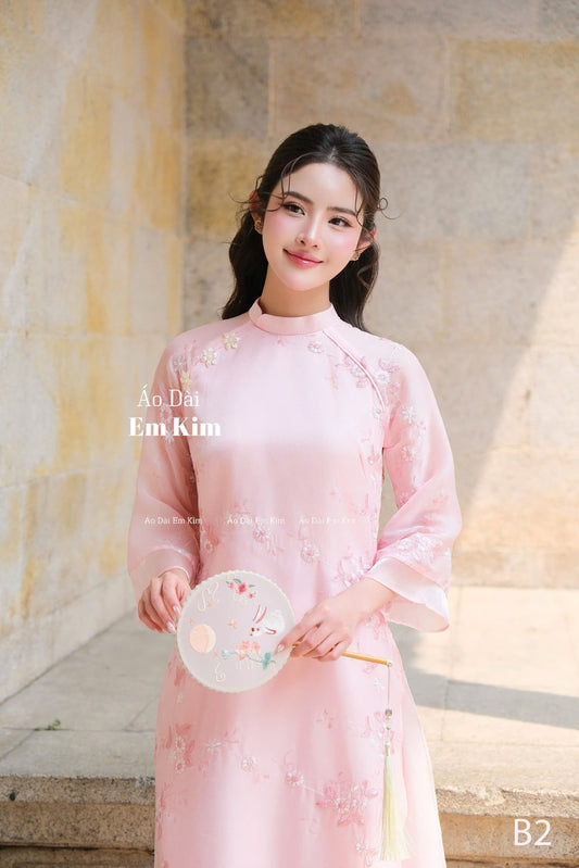 Embroidery Pink left neck Ao Dai B2