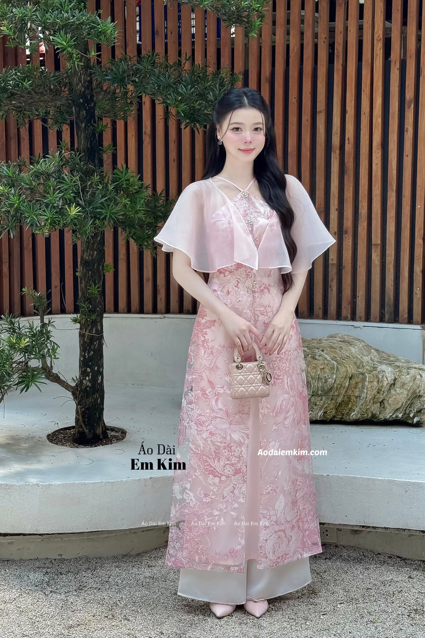 Yếm pink Ao Dai  detachable sleeve B39