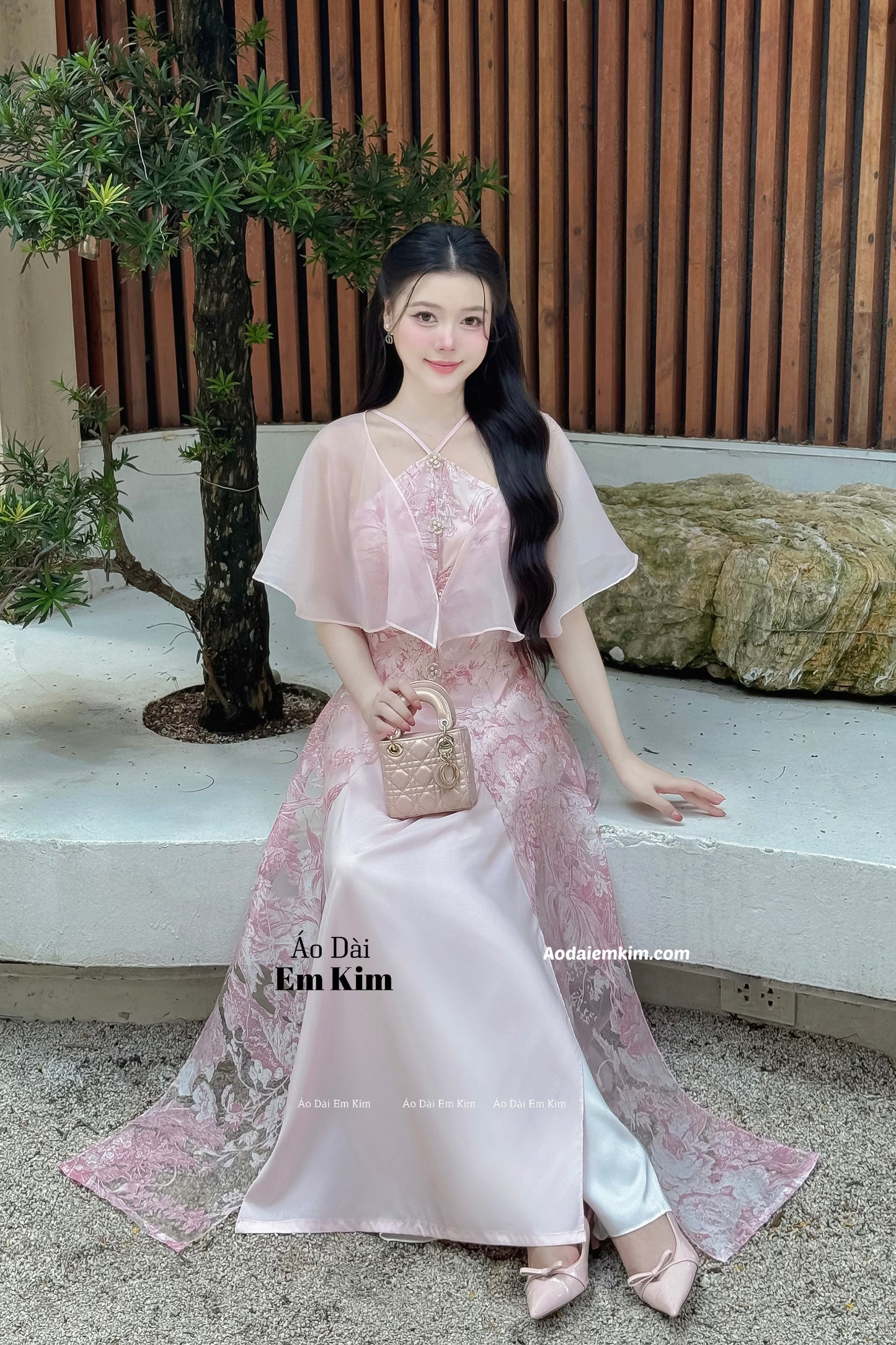 Yếm pink Ao Dai  detachable sleeve B39