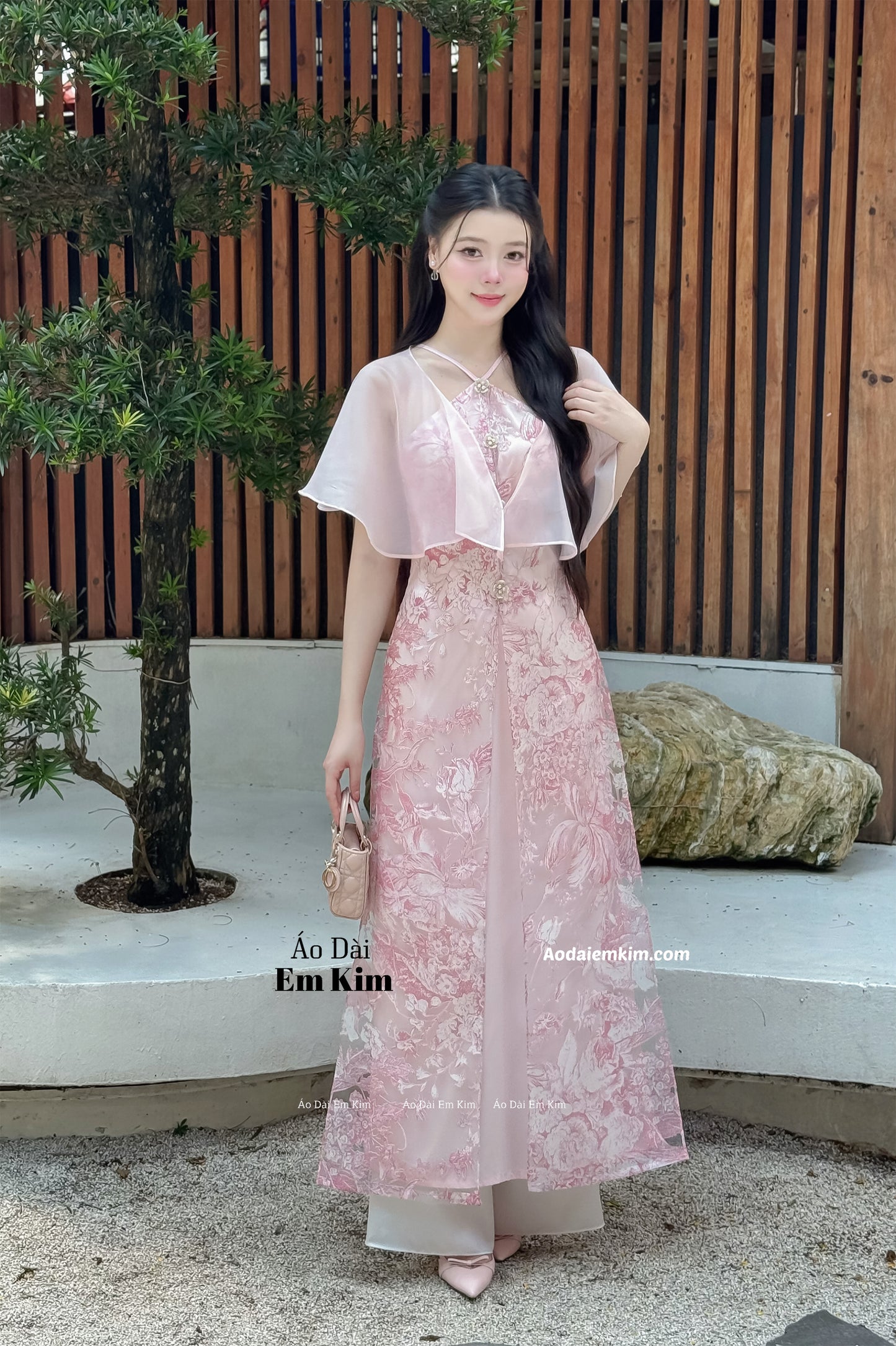 Yếm pink Ao Dai  detachable sleeve B39