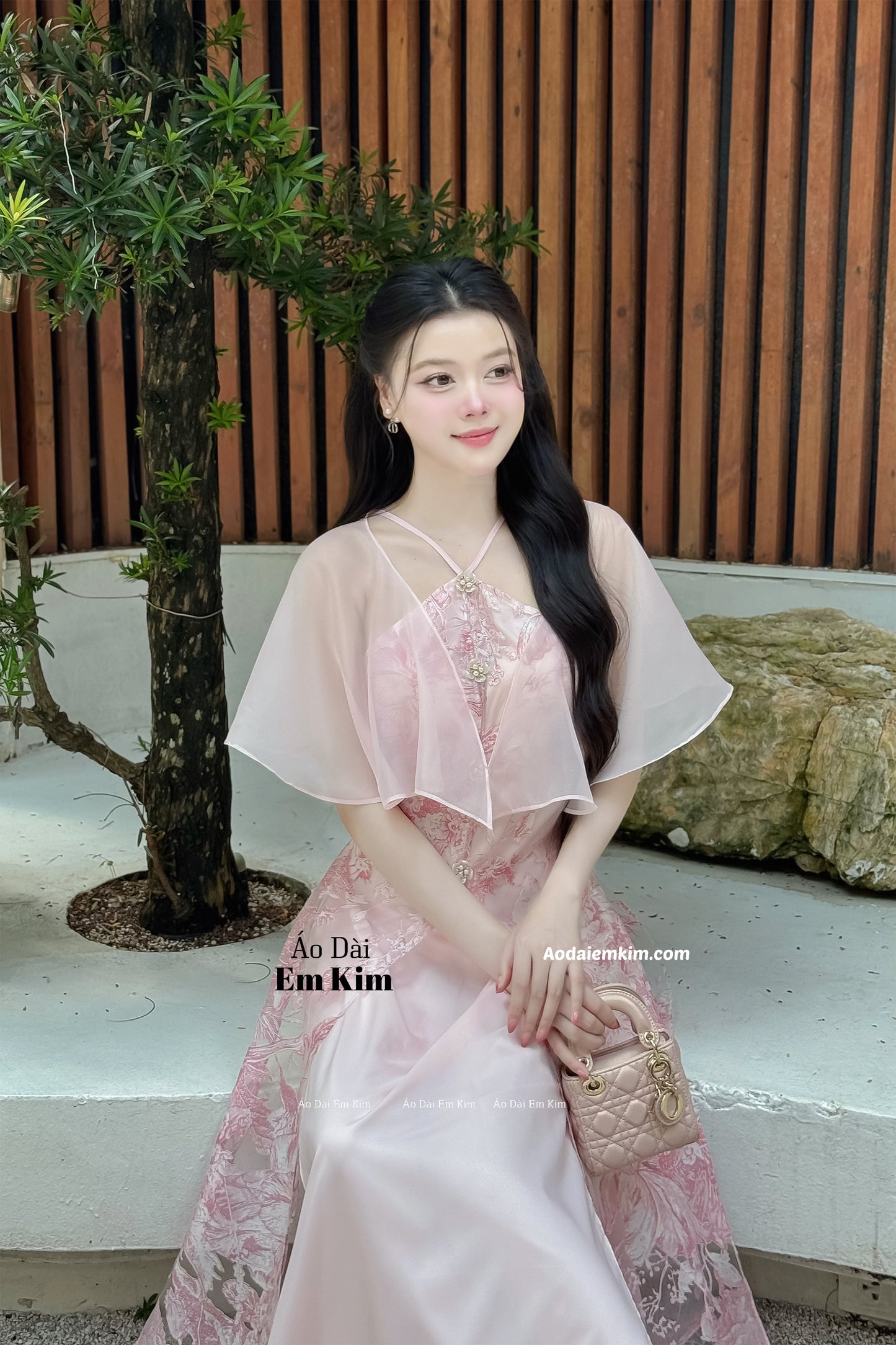 Yếm pink Ao Dai  detachable sleeve B39