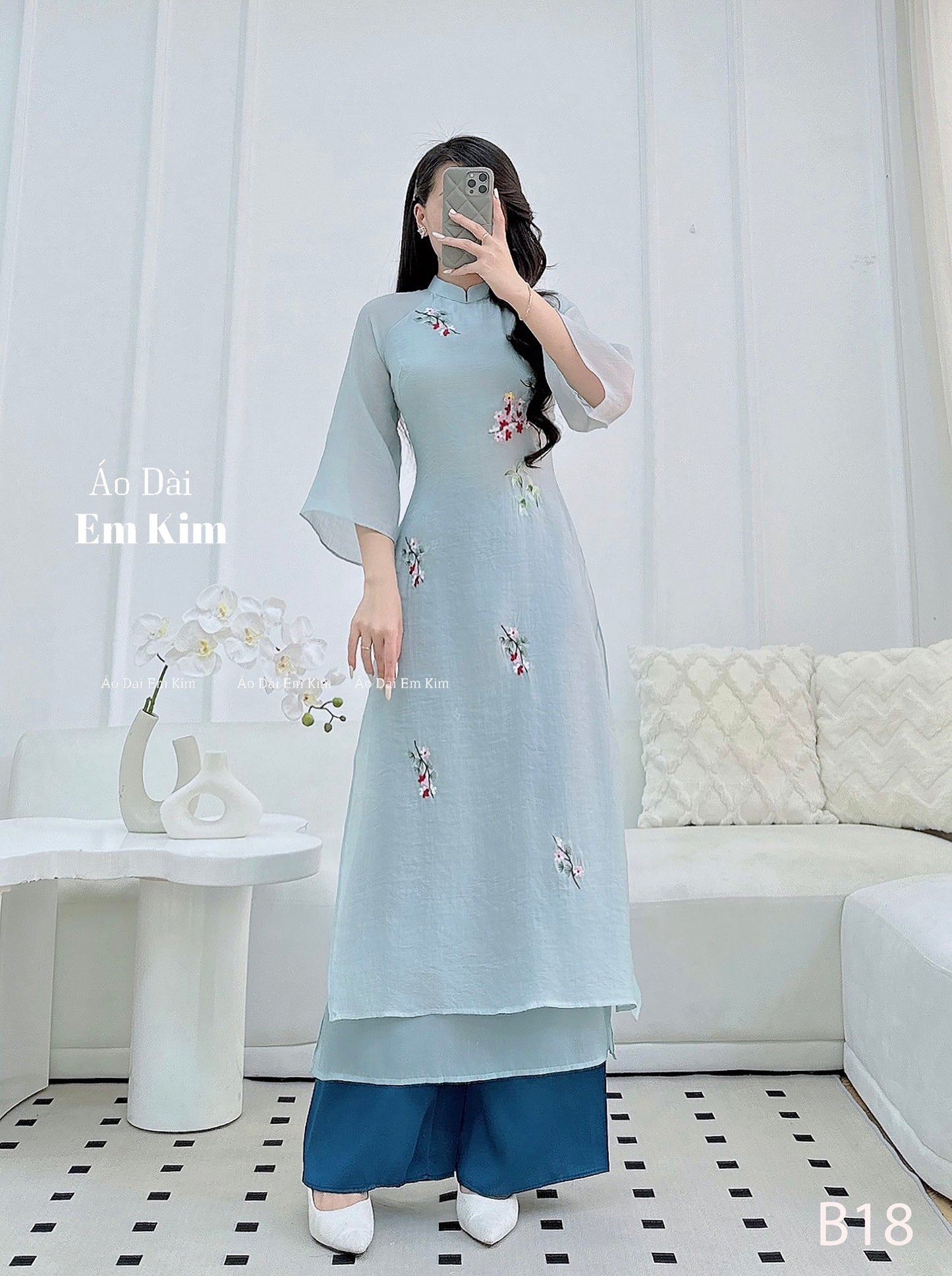 Modern Ao Dai Blue with embroidery flowers| B18