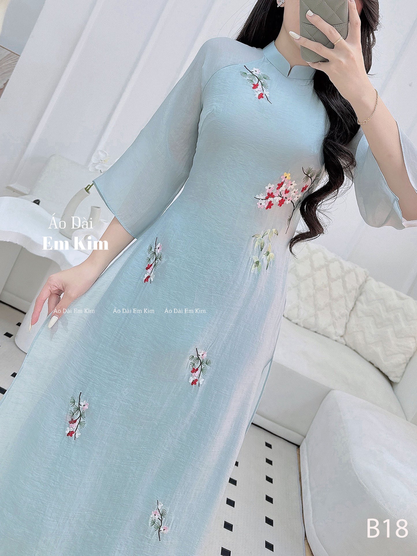 Modern Ao Dai Blue with embroidery flowers| B18