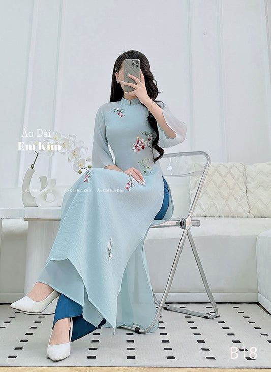 Modern Ao Dai Blue with embroidery flowers| B18