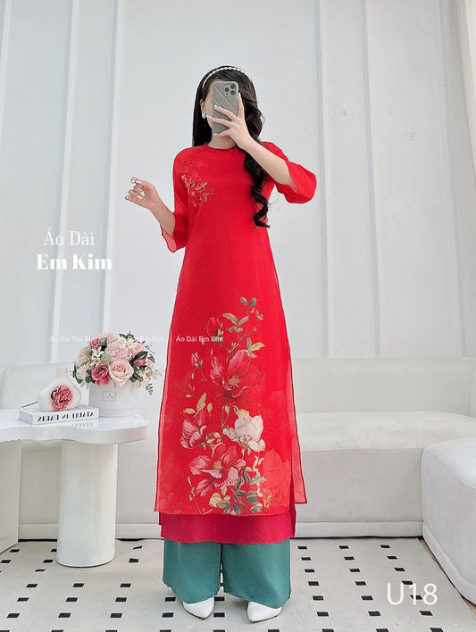 TẾT ÁO DÀI Women Red Flowers pattern Embroider u16