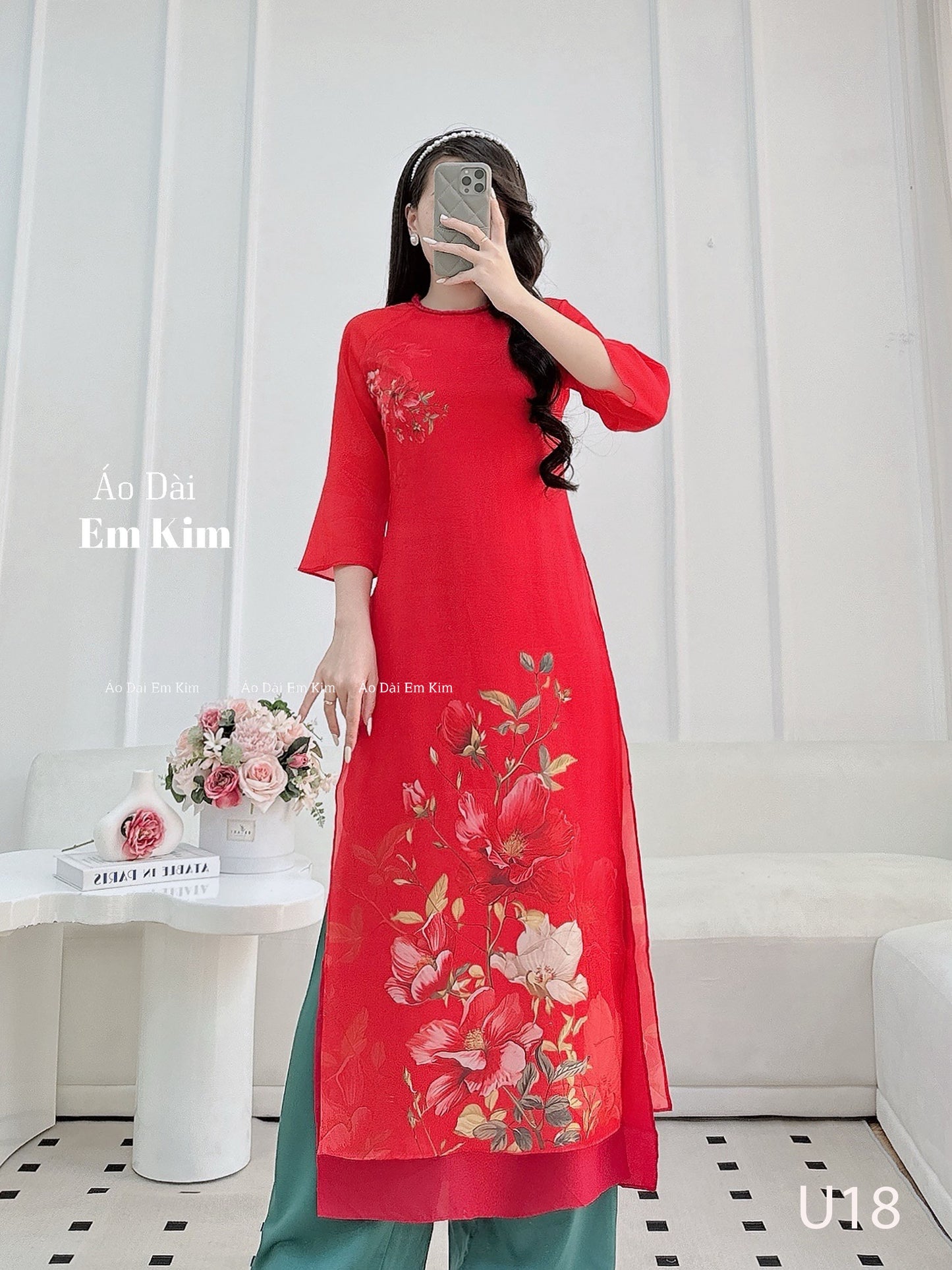 TẾT ÁO DÀI Women Red Flowers pattern Embroider u16