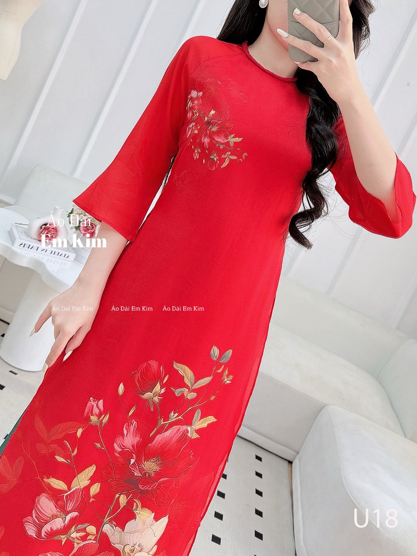TẾT ÁO DÀI Women Red Flowers pattern Embroider u16