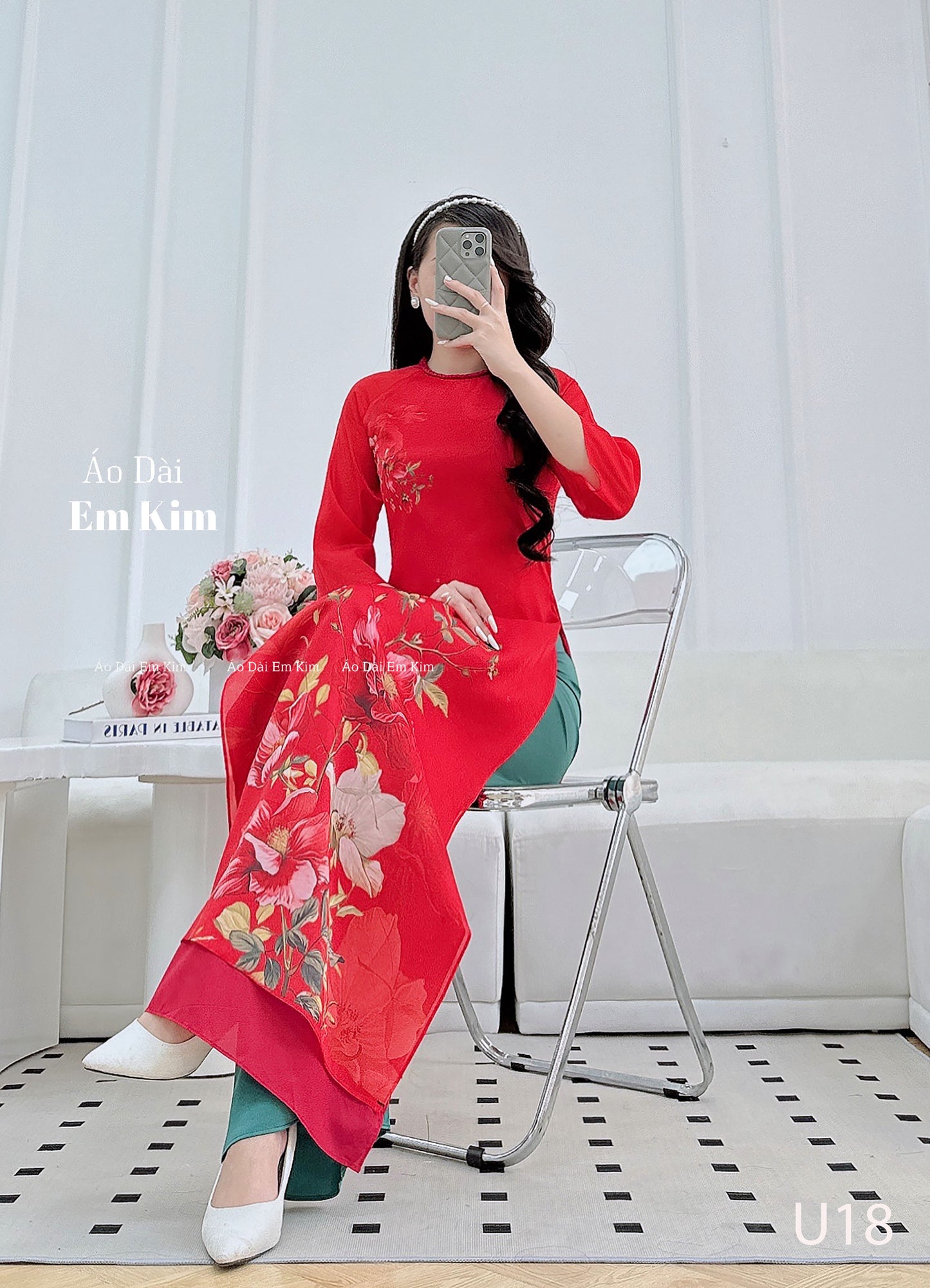 TẾT ÁO DÀI Women Red Flowers pattern Embroider u16