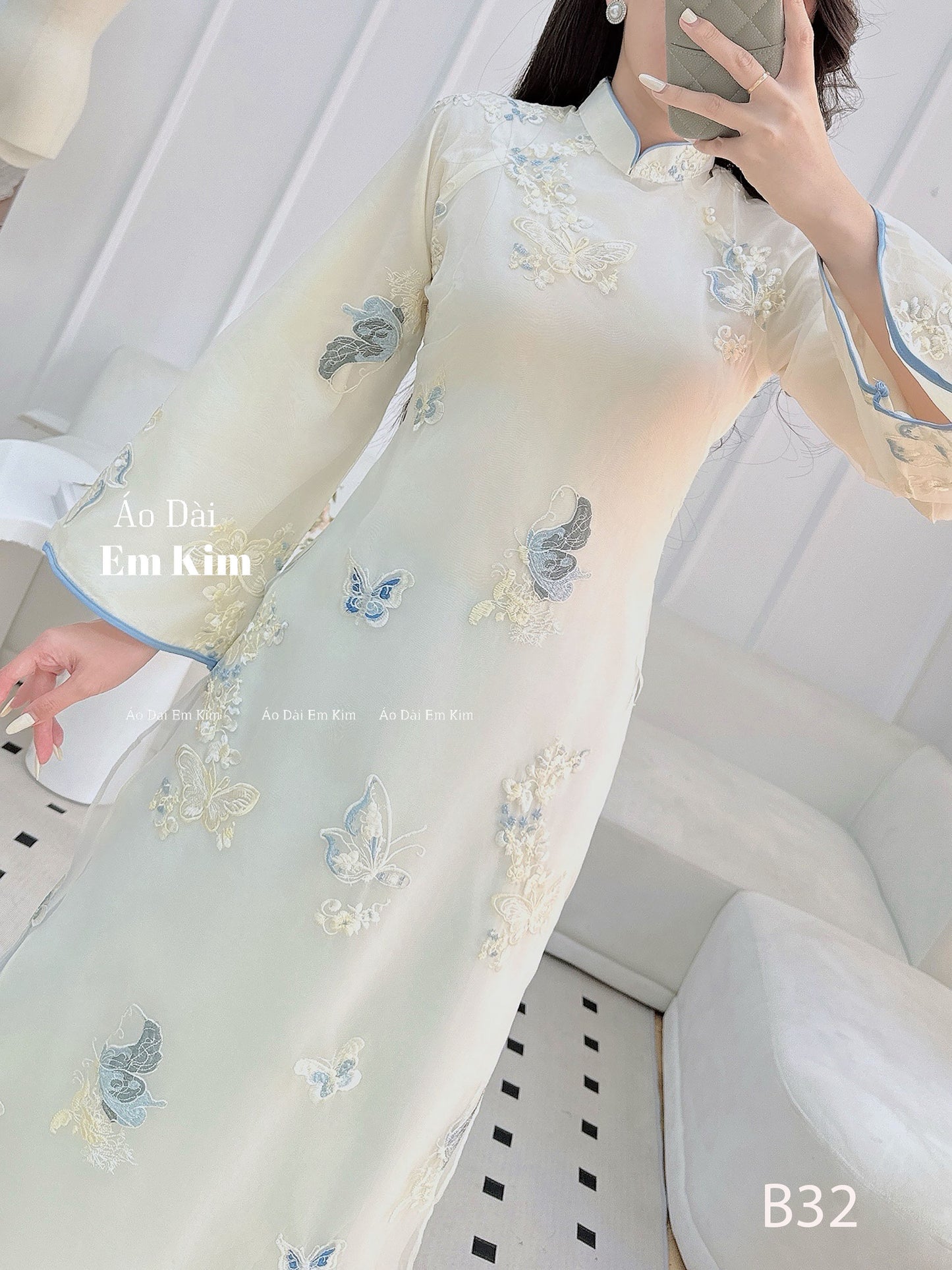 Light blue cream Ao Dai butterfly  B32