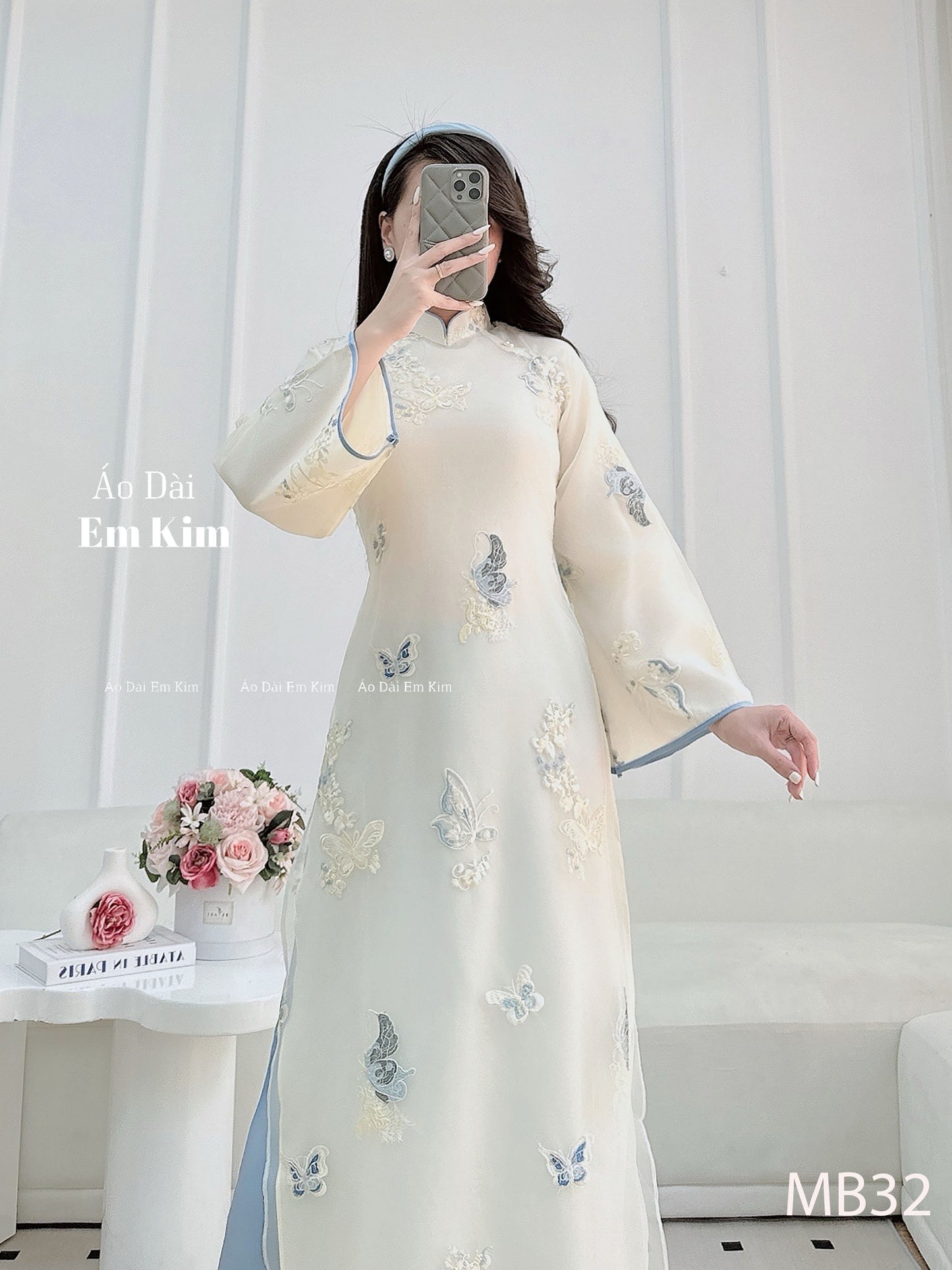 Light blue cream Ao Dai butterfly  B32
