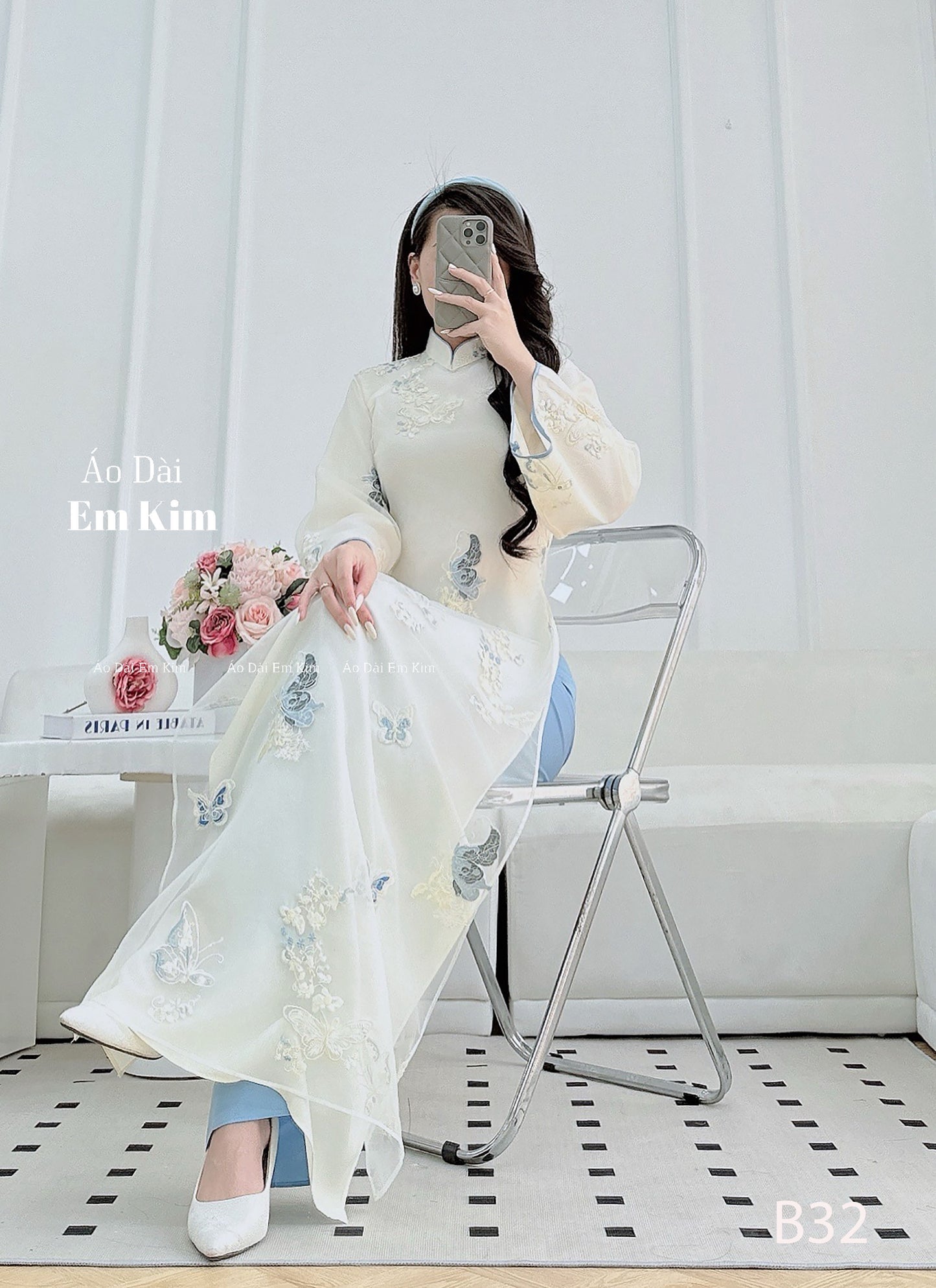 Light blue cream Ao Dai butterfly  B32